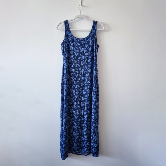 Vintage 90s Faded Glory Blue Floral Rayon Midi Tank Dress Size L - Picture 5 of 16